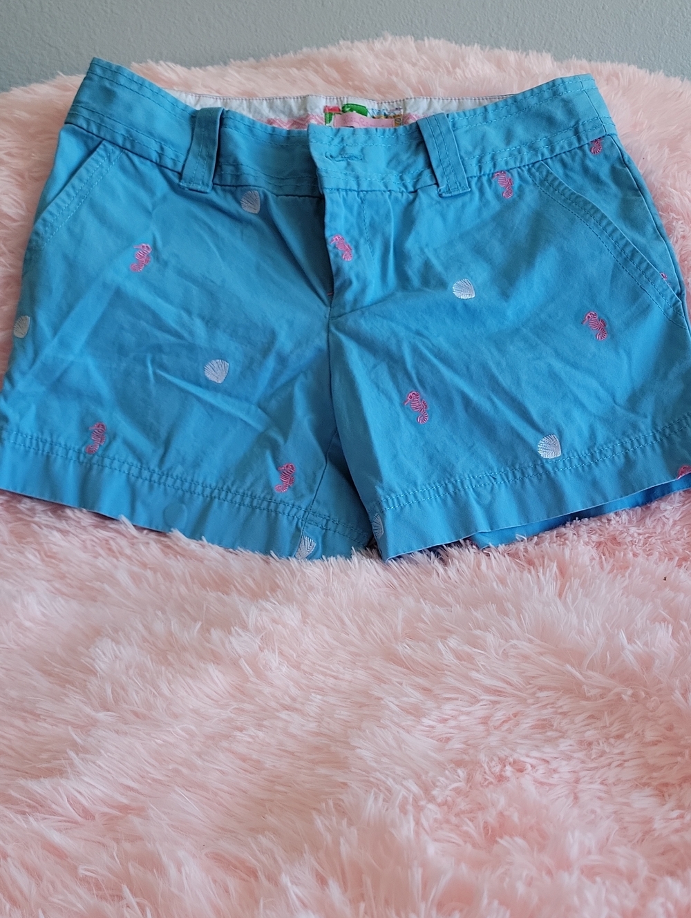 Lilly Pulitzer Turquoise Shorts with Pink Seahorse Embroidery